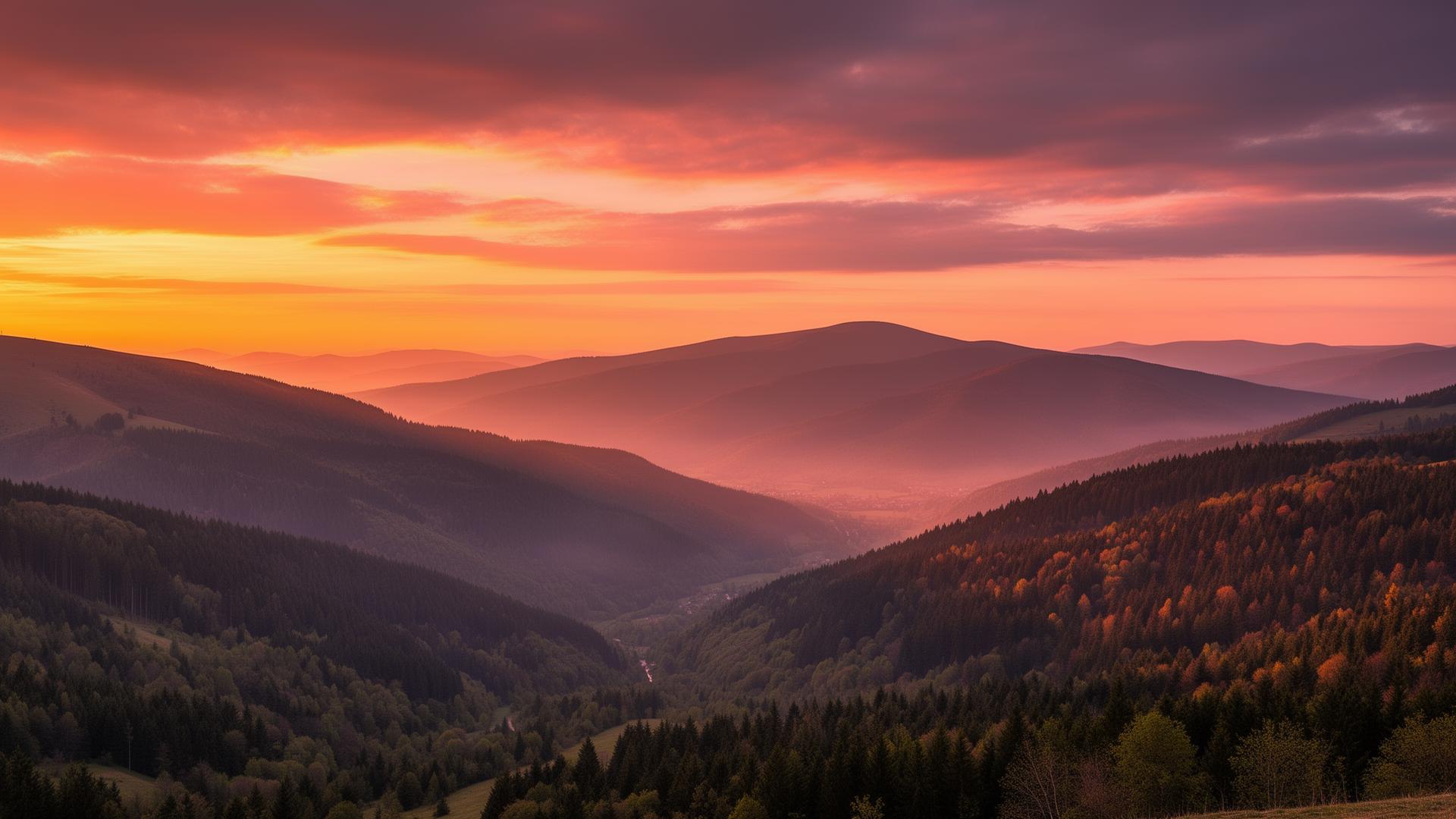 Panorama Beskidu Śląskiego o zachodzie słońca